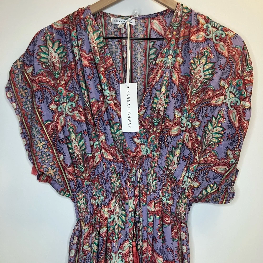 Karma Highway One Size Dolman Blouson Maxi Dress Boho Floral Purple Red Pattern - Picture 5 of 11